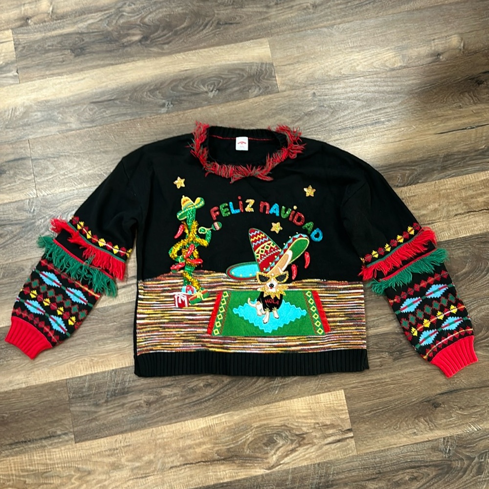 Ugly Christmas Sweater Feliz Navidad Dog Southwest Red Peppers Cactus Womens Lg